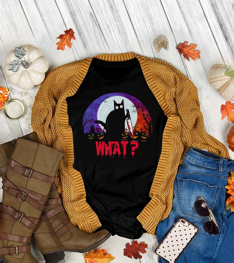 What Murderous Black Cat With Knife Halloween Moon Tombstones Pumpkins T-Shirt