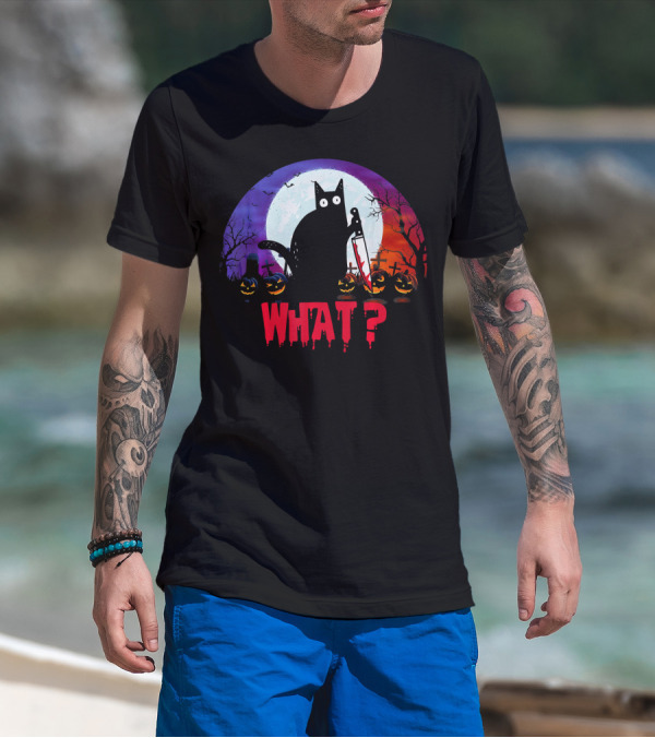 What Murderous Black Cat With Knife Halloween Moon Tombstones Pumpkins T-Shirt