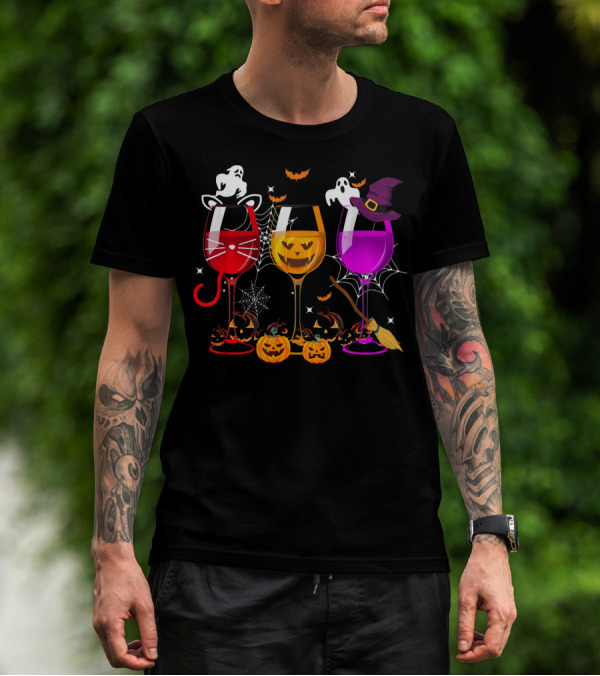 Halloween Ghost Cat Witch Pumpkin Three Glasses Of Wine T-Shirt