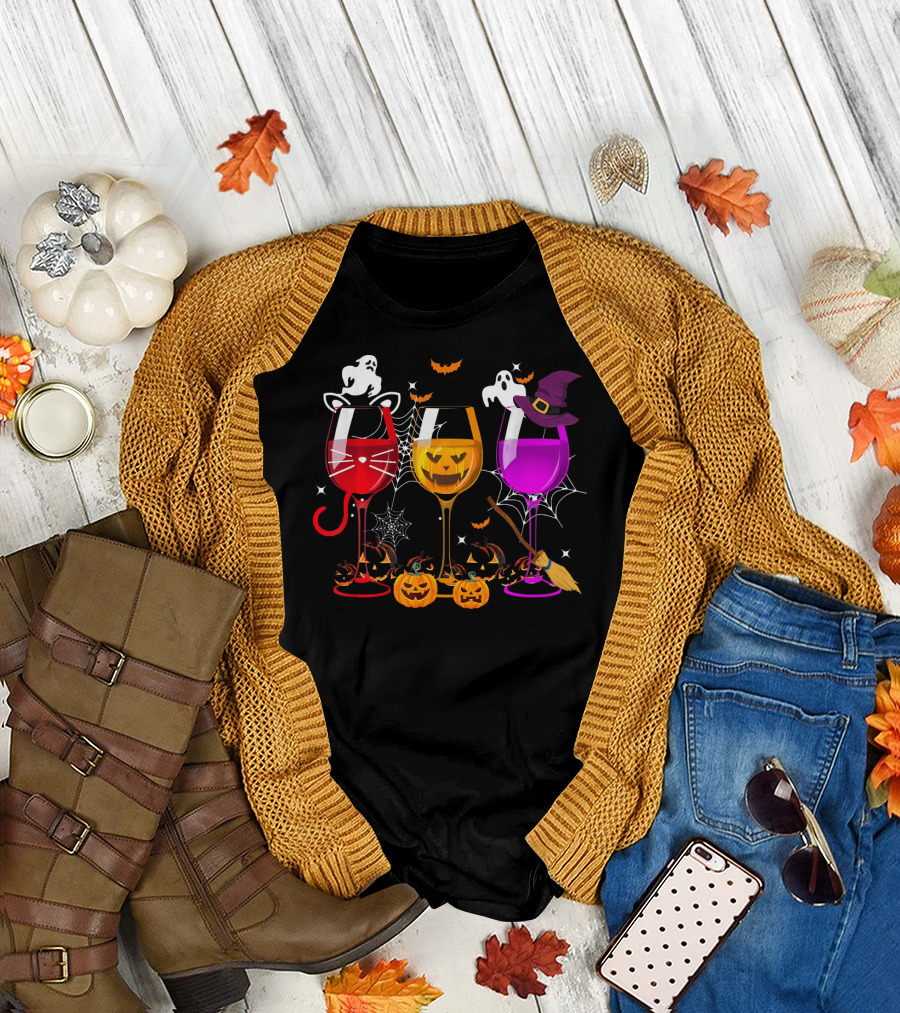 Halloween Ghost Cat Witch Pumpkin Three Glasses Of Wine T-Shirt