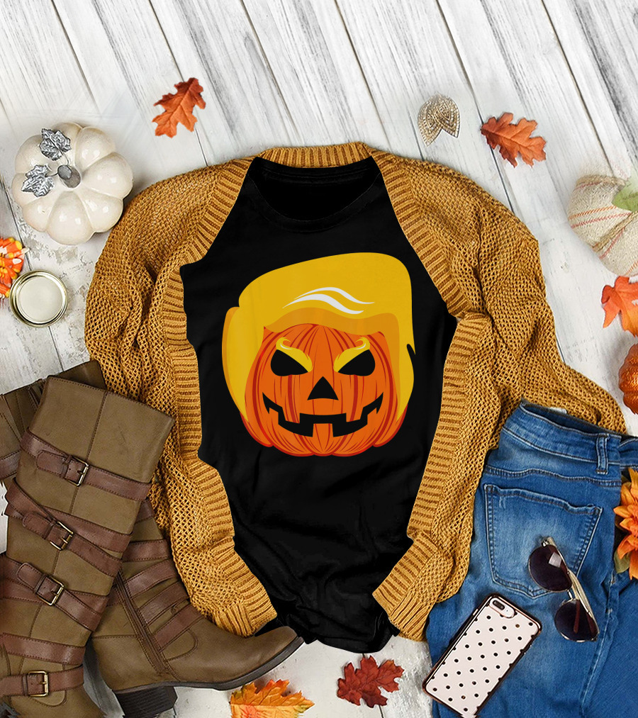 Halloween Trumpkin Pumpkin Carved Pumpkin Face with Iconic Hairstyle T-Shirt