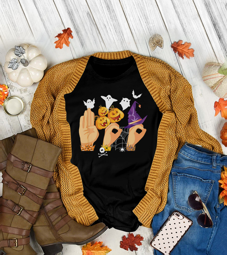 ASL Boo Sign Language Ghosts Pumpkins Witch Hat Halloween T-Shirt