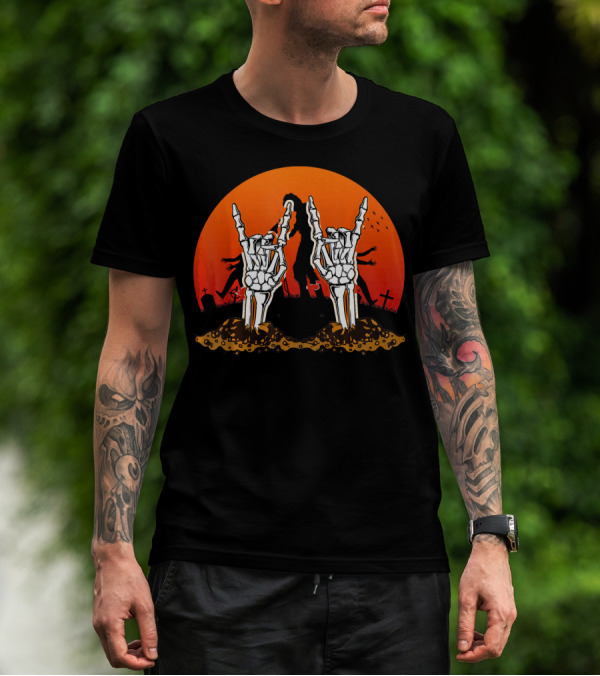 Halloween Skeleton Rocker Graveyard Sunset With Rock Hands T-Shirt