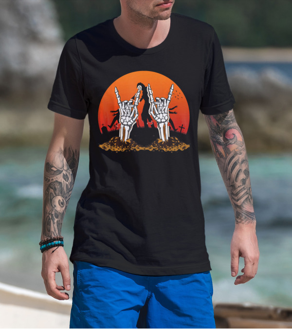 Halloween Skeleton Rocker Graveyard Sunset With Rock Hands T-Shirt