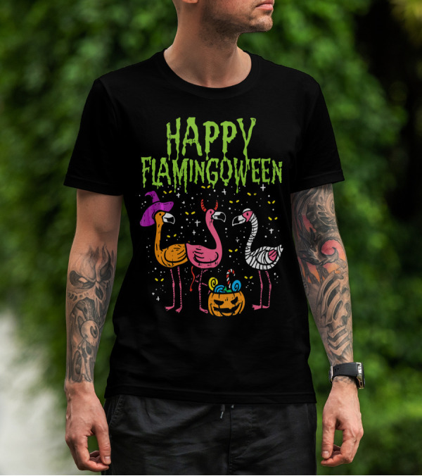 Happy Flamingoween Witch, Devil, Mummy Flamingo Halloween Pumpkin Candy T-Shirt