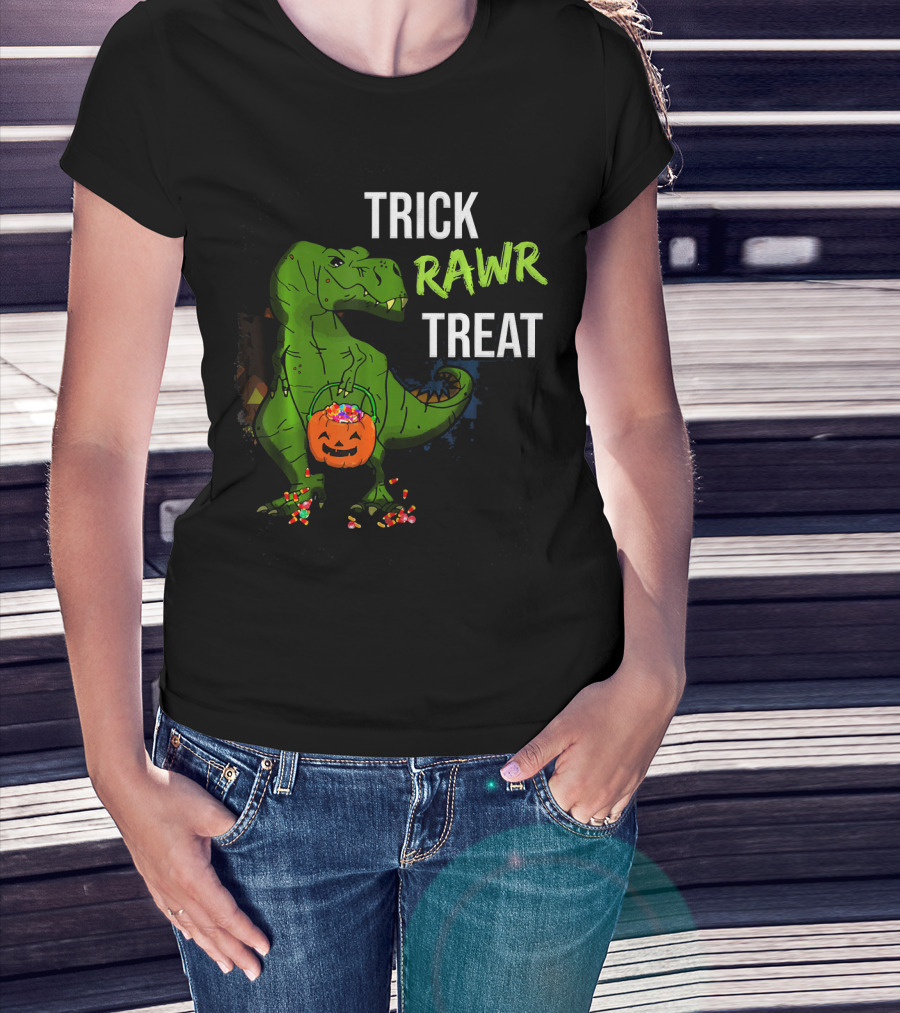 Trick Rawr Treat Halloween Rex Dinosaur With Candy And Pumpkin T-Shirt