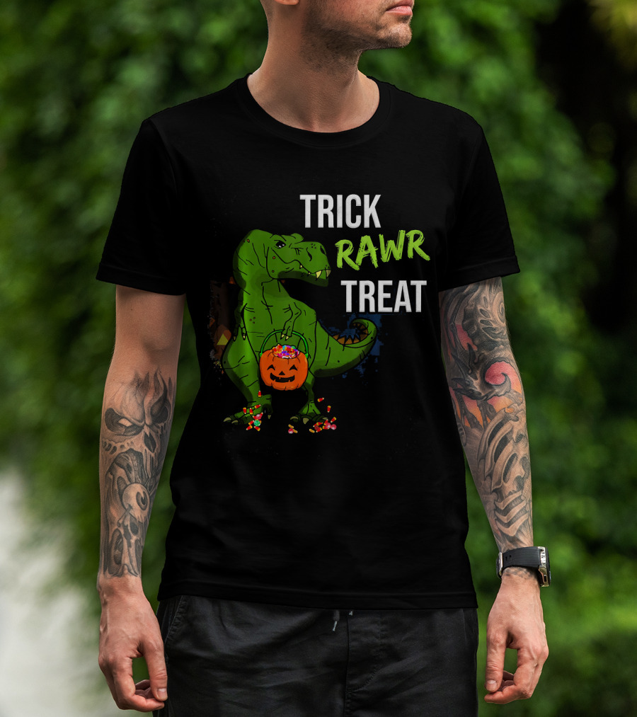 Trick Rawr Treat Halloween Rex Dinosaur With Candy And Pumpkin T-Shirt