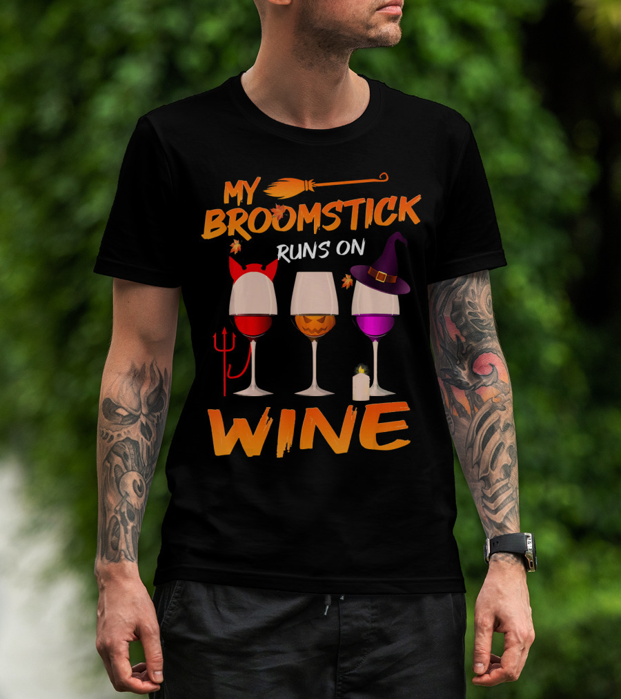 My Broomstick Runs On Wine Halloween Glasses T-Shirt