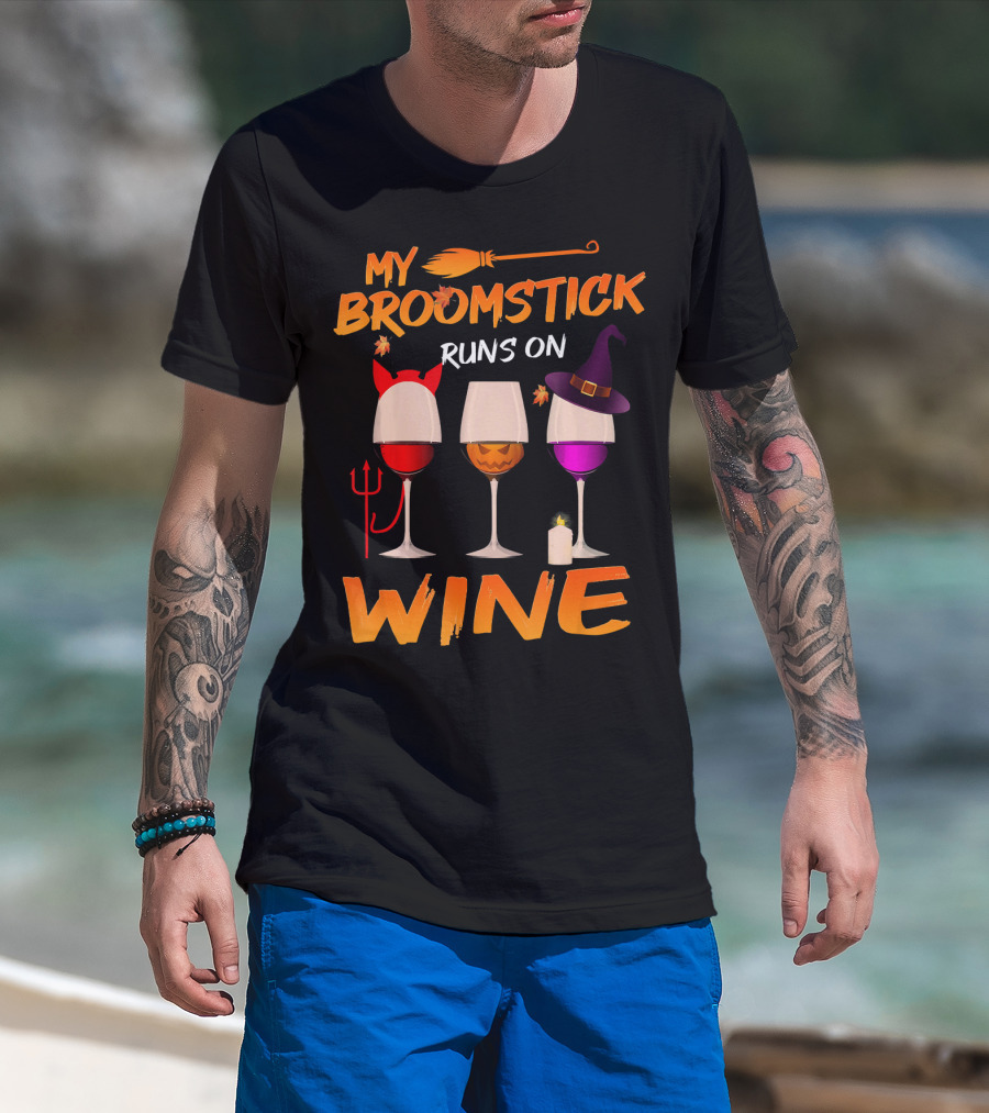 My Broomstick Runs On Wine Halloween Glasses T-Shirt