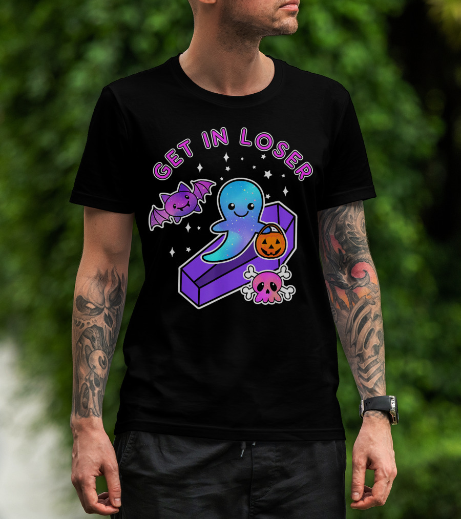 Get In Loser Kawaii Pastel Goth Halloween Ghost Coffin With Bat And Pumpkin T-Shirt