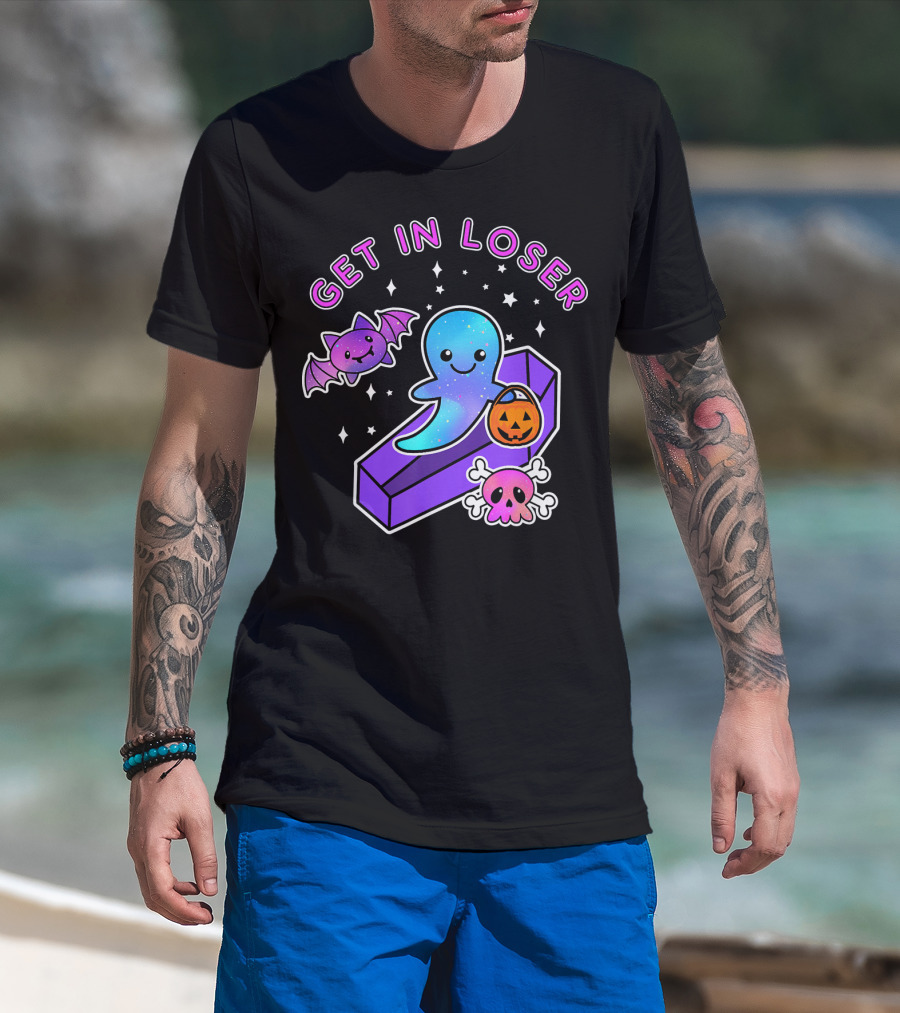 Get In Loser Kawaii Pastel Goth Halloween Ghost Coffin With Bat And Pumpkin T-Shirt
