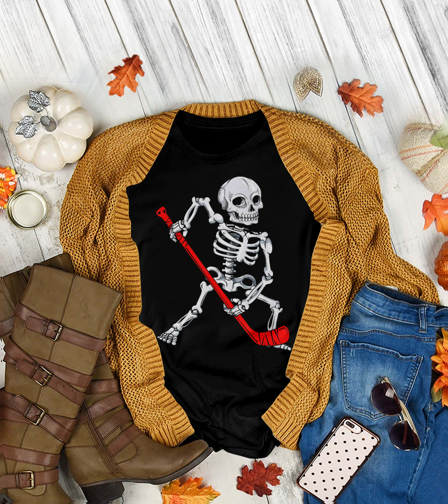 Skeleton Hockey Skeleton with Red Hockey Stick T-Shirt