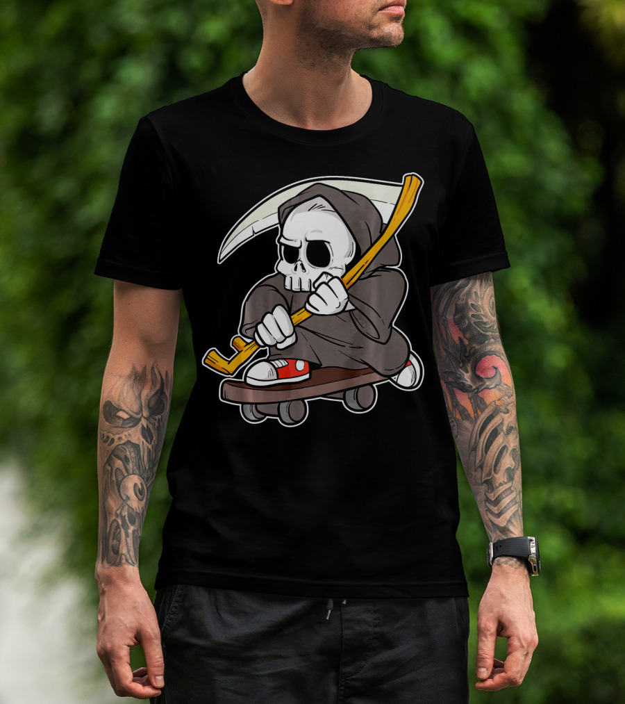 Funny Grim Reaper Skater Skateboard Reaper Skate Or Die T-Shirt