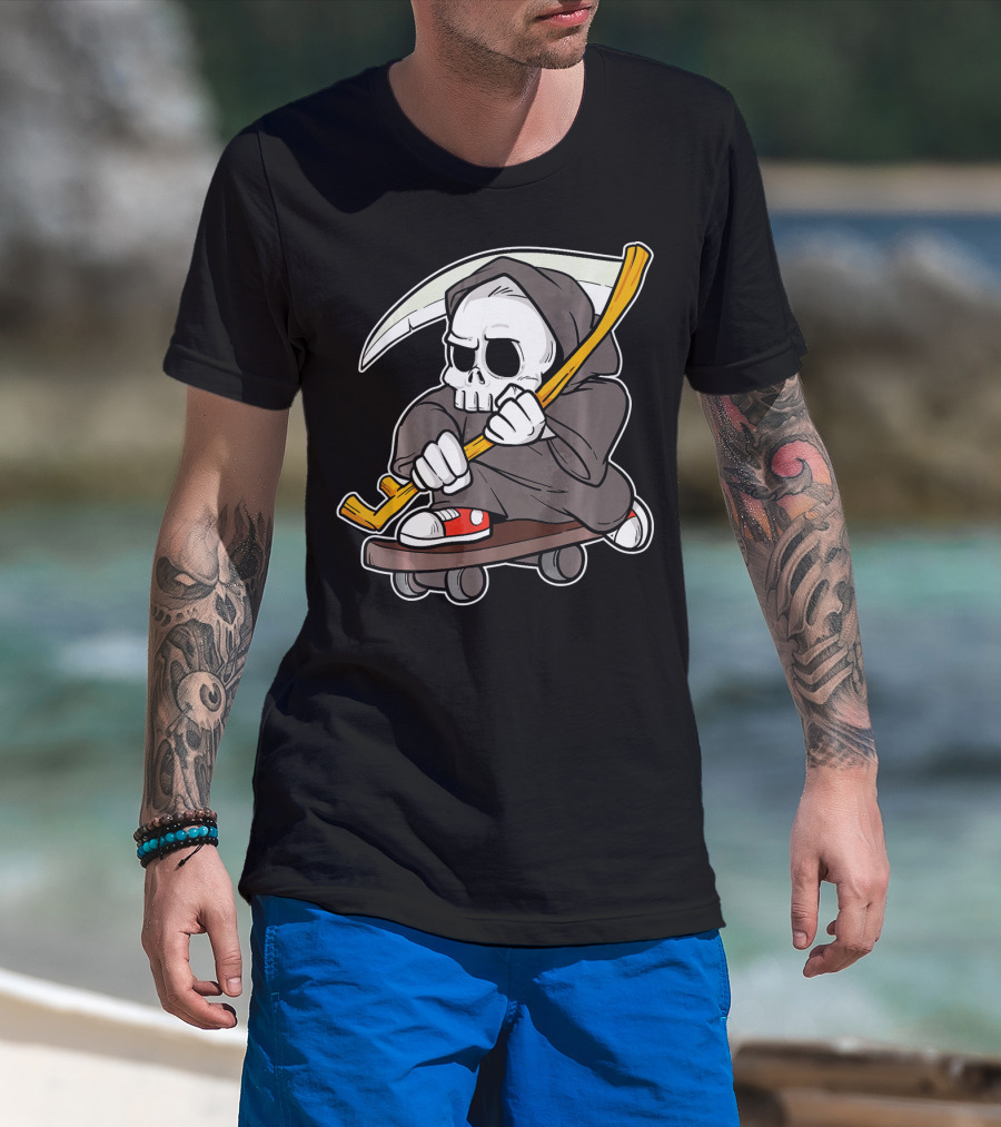 Funny Grim Reaper Skater Skateboard Reaper Skate Or Die T-Shirt