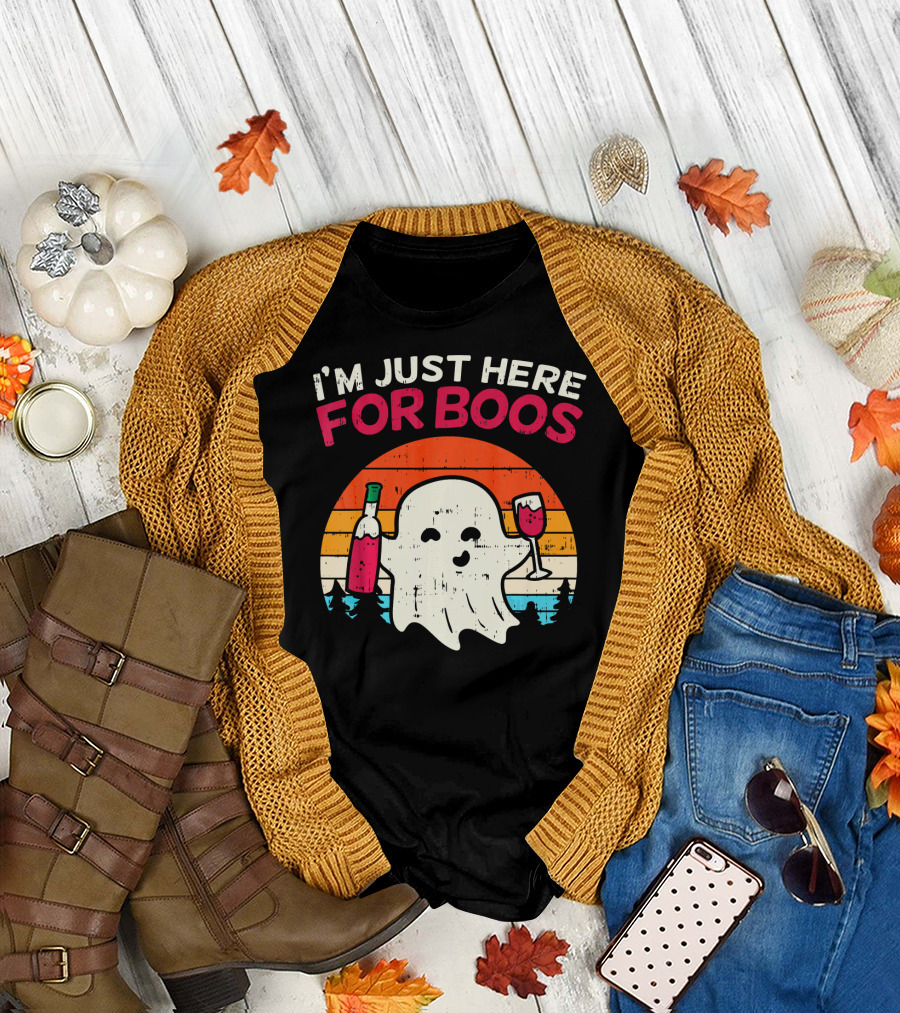 I'm Just Here for Boos Retro Ghost Wine Vintage T-Shirt