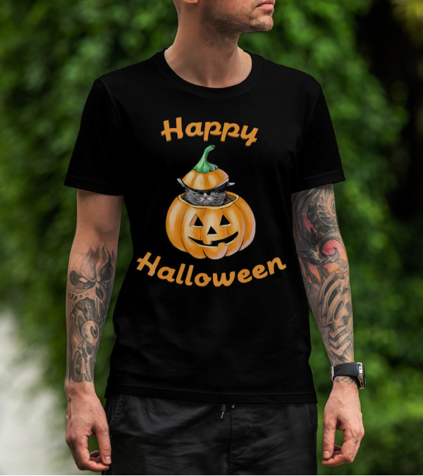 Happy Halloween Funny Cat In Pumpkin T-Shirt