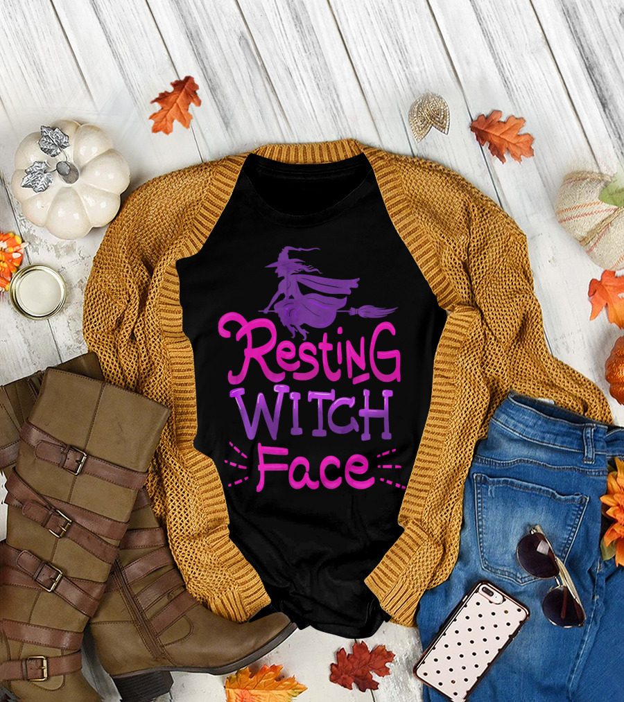 Resting Witch Face Halloween Broomstick T-Shirt