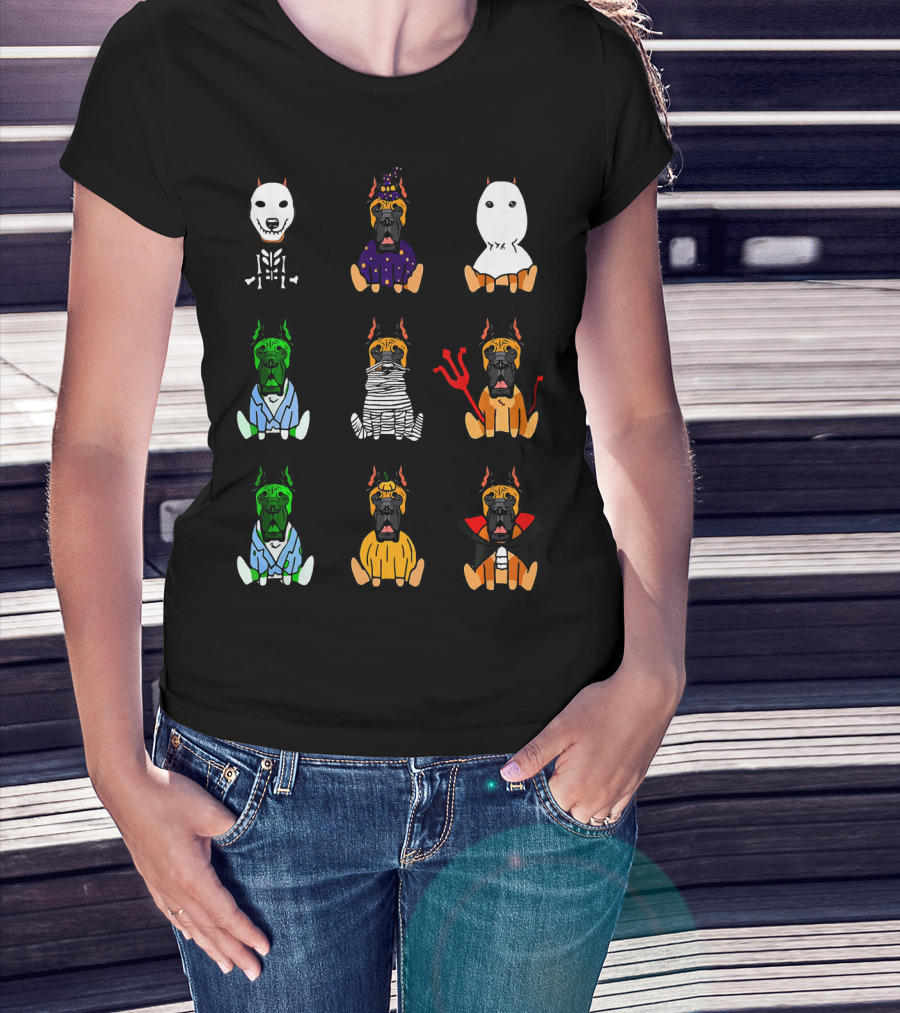Great Dane Dog Lover Halloween Costume Grid Featuring Skeleton, Witch, Ghost, Frankenstein, Mummy, Devil, Dracula, And More T-Shirt