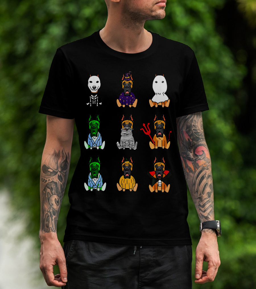 Great Dane Dog Lover Halloween Costume Grid Featuring Skeleton, Witch, Ghost, Frankenstein, Mummy, Devil, Dracula, And More T-Shirt
