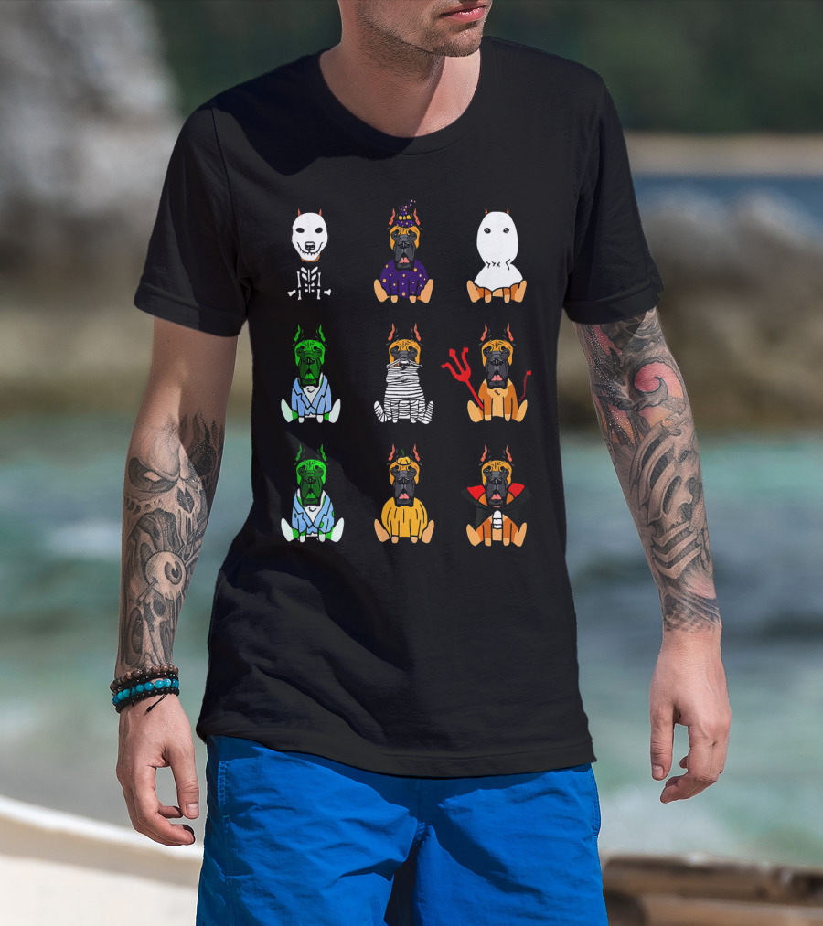 Great Dane Dog Lover Halloween Costume Grid Featuring Skeleton, Witch, Ghost, Frankenstein, Mummy, Devil, Dracula, And More T-Shirt