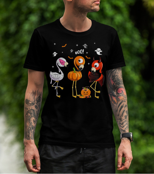 Funny Three Halloween Boo Flamingoes Pumpkin Ghosts T-Shirt