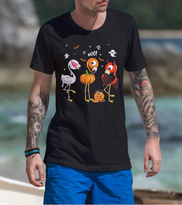 Funny Three Halloween Boo Flamingoes Pumpkin Ghosts T-Shirt