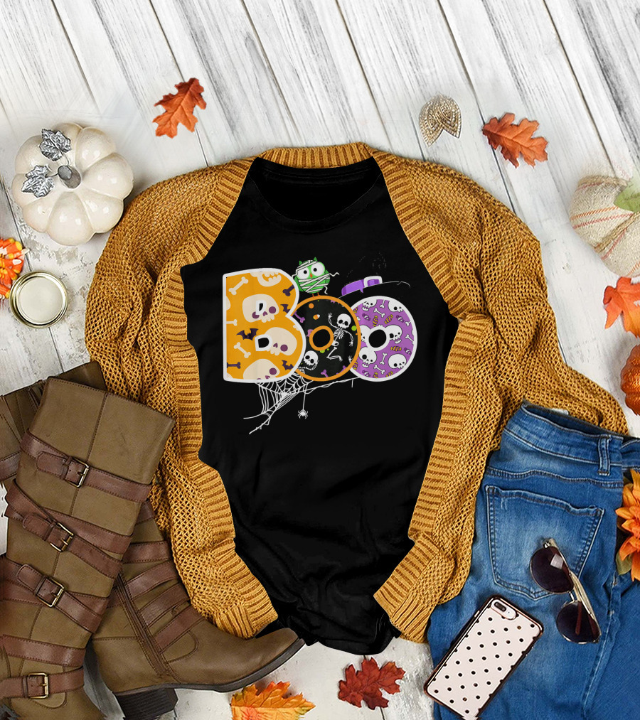 Boo Halloween Skeleton Spider Web Mummy Spooky T-Shirt