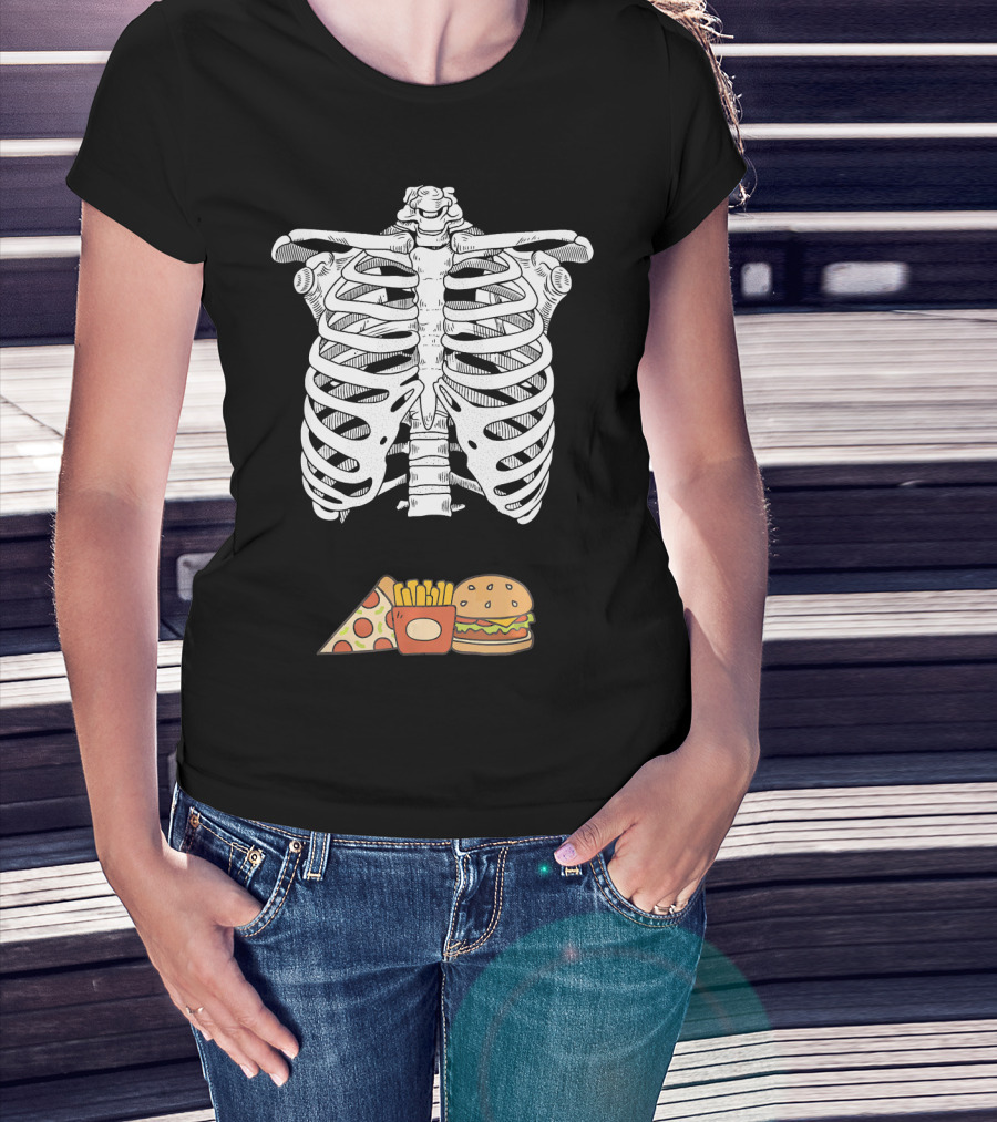 Skeleton Eating Pizza Fries And Burger T-Shirt