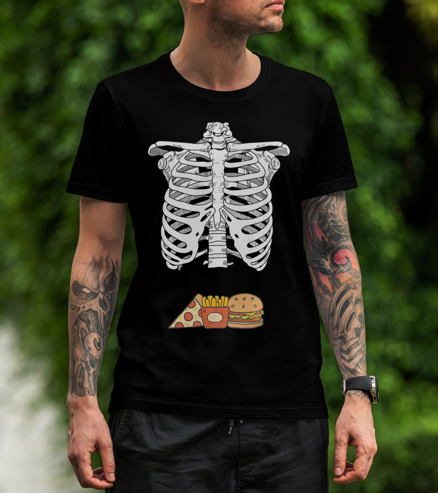 Skeleton Eating Pizza Fries And Burger T-Shirt