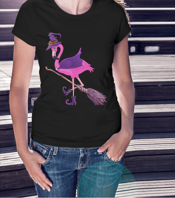 Flamingo Witch Riding Broomstick Funny Halloween T-Shirt