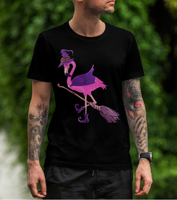 Flamingo Witch Riding Broomstick Funny Halloween T-Shirt