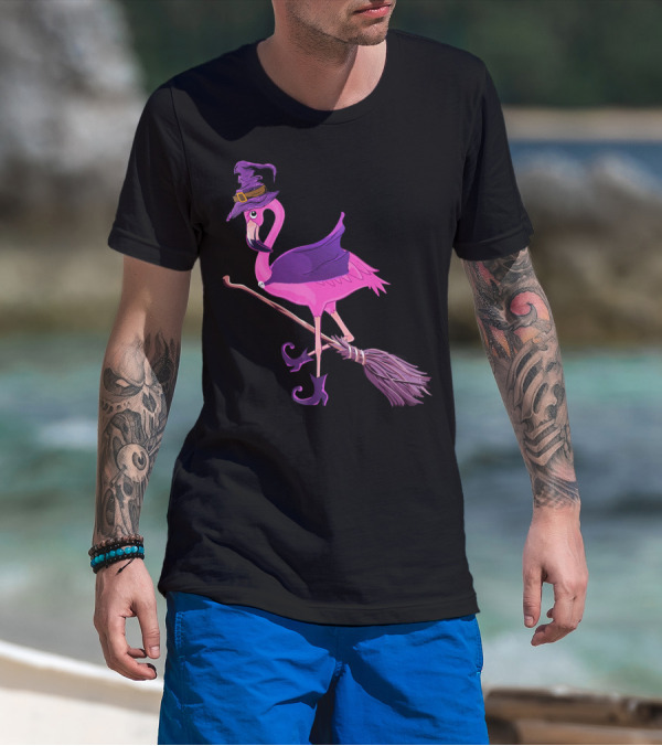 Flamingo Witch Riding Broomstick Funny Halloween T-Shirt