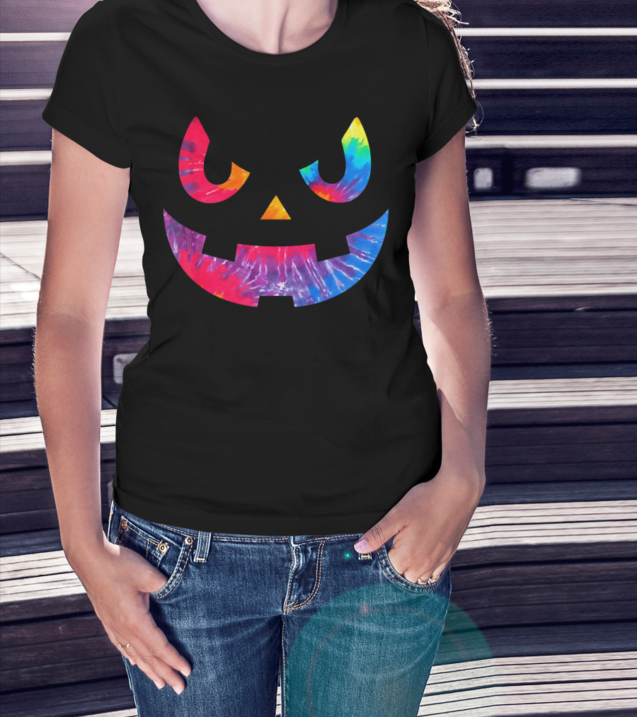Scary Rainbow Tie Dye Jack O Lantern Face T-Shirt