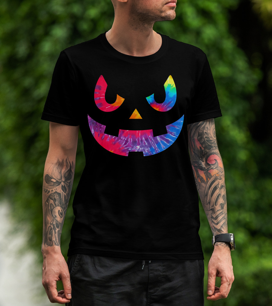 Scary Rainbow Tie Dye Jack O Lantern Face T-Shirt