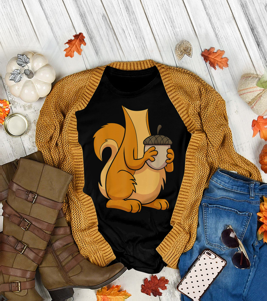 Squirrel Holding Acorn Cartoon T-Shirt