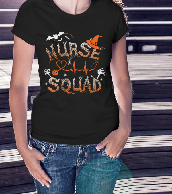 Nurse Squad Halloween Theme With Witch Hat And Bat Elements T-Shirt