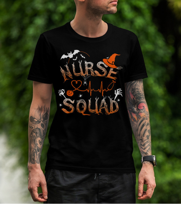 Nurse Squad Halloween Theme With Witch Hat And Bat Elements T-Shirt