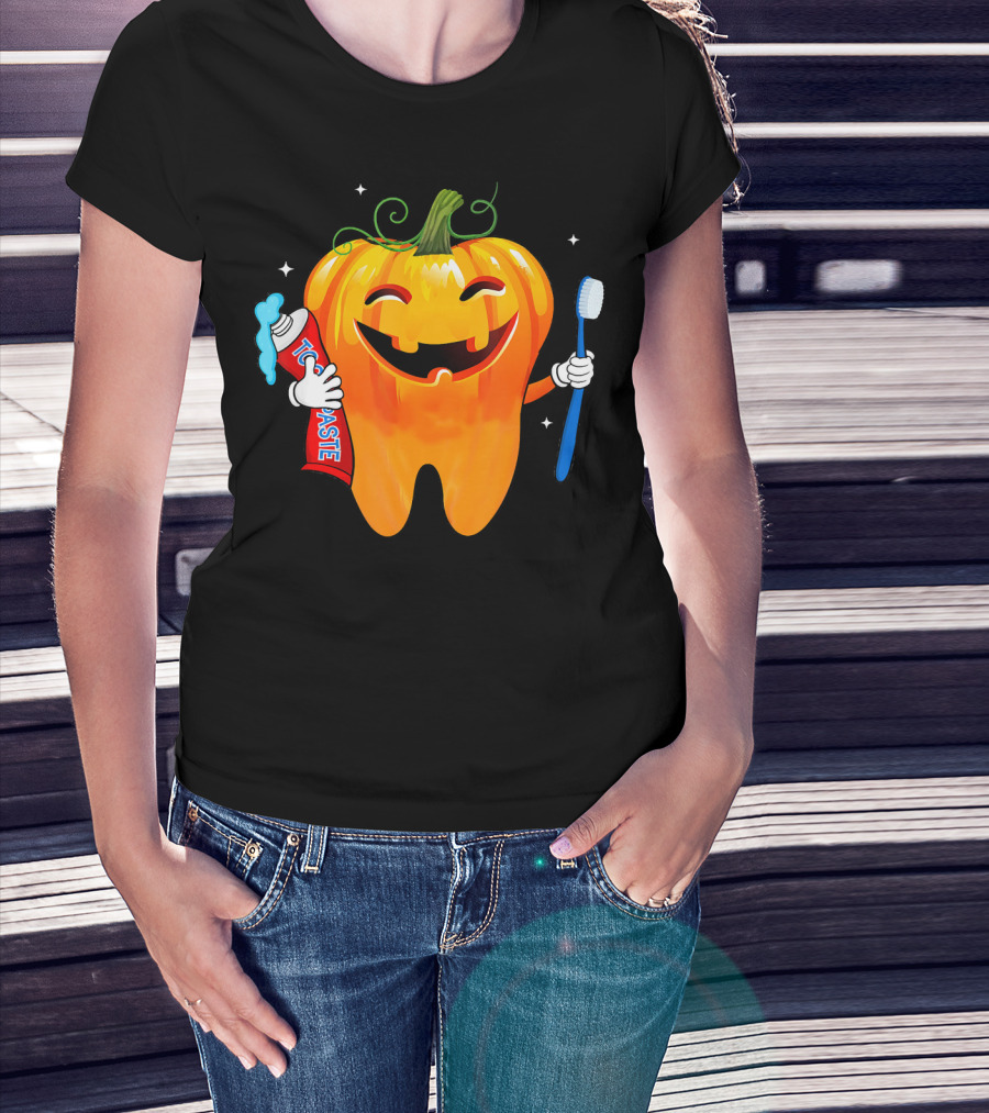 Dental Toothpaste Halloween Pumpkin With Toothbrush T-Shirt