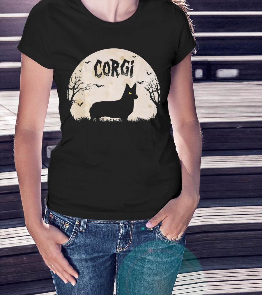 Corgi Halloween Horror Silhouette With Moon And Bats T-Shirt