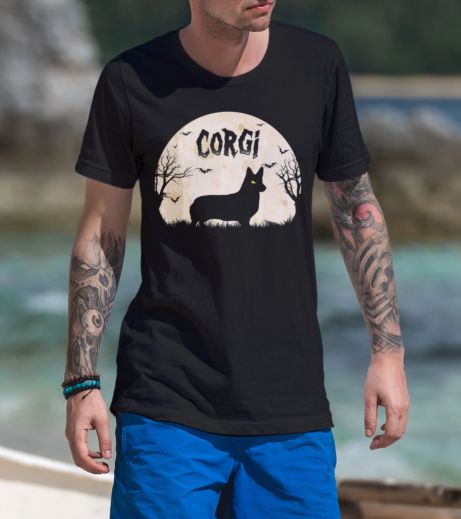 Corgi Halloween Horror Silhouette With Moon And Bats T-Shirt