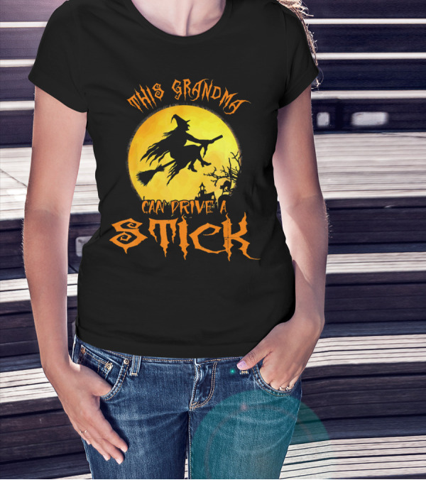 This Grandma Can Drive A Stick Witch Silhouette Flying Broomstick Full Moon Halloween Scene T-Shirt