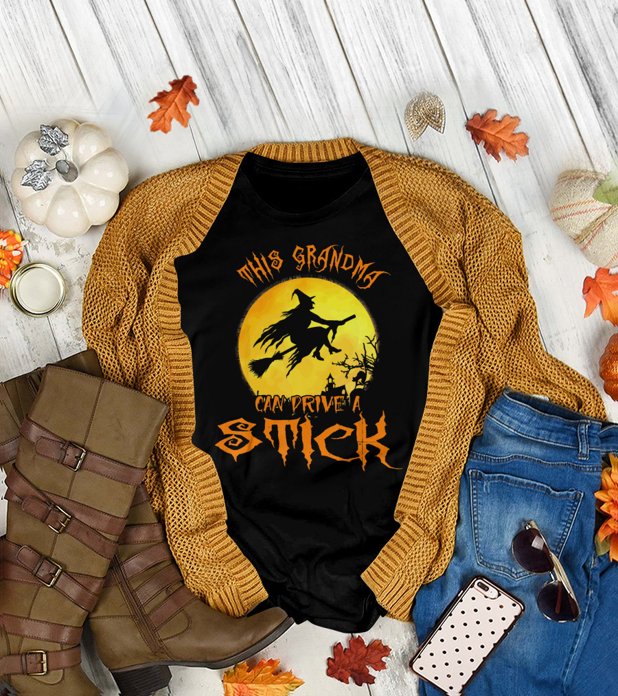 This Grandma Can Drive A Stick Witch Silhouette Flying Broomstick Full Moon Halloween Scene T-Shirt