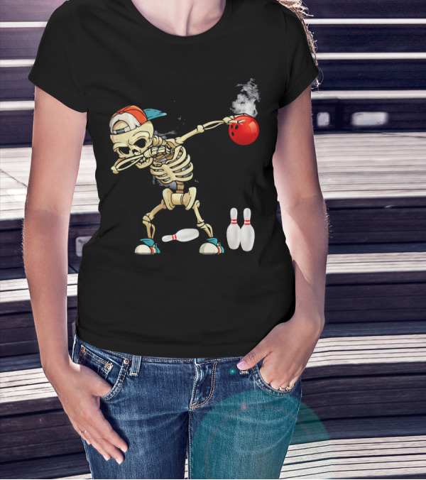 Dabbing Skeleton Holding Red Bowling Ball With Pins T-Shirt