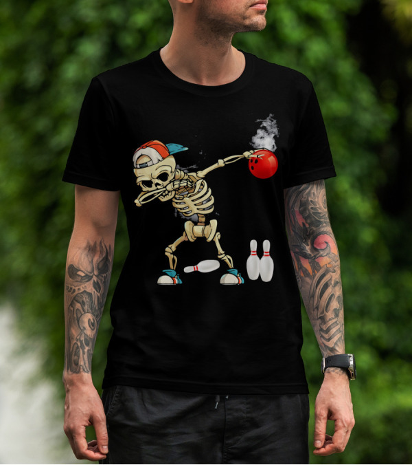 Dabbing Skeleton Holding Red Bowling Ball With Pins T-Shirt