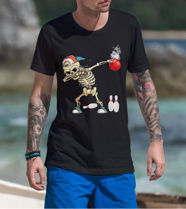 Dabbing Skeleton Holding Red Bowling Ball With Pins T-Shirt