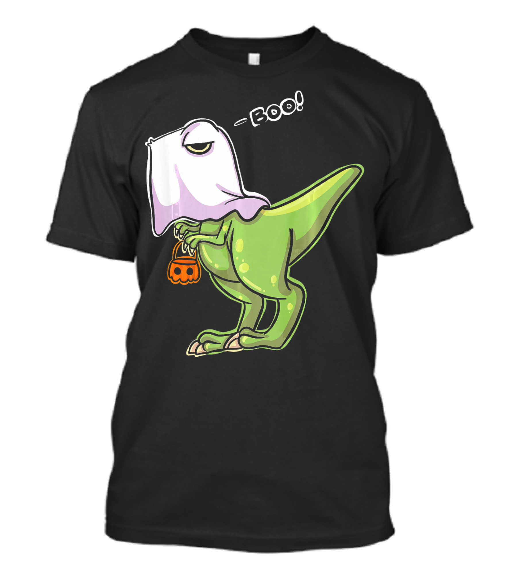 Funny Dinosaur Dressed As Halloween Ghost With Boo Text And Pumpkin T-Shirt