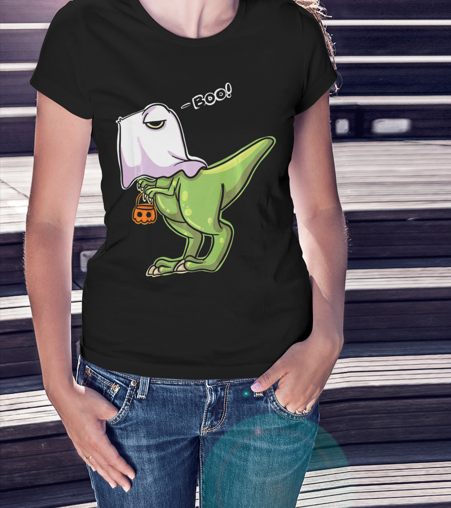 Funny Dinosaur Dressed As Halloween Ghost With Boo Text And Pumpkin T-Shirt