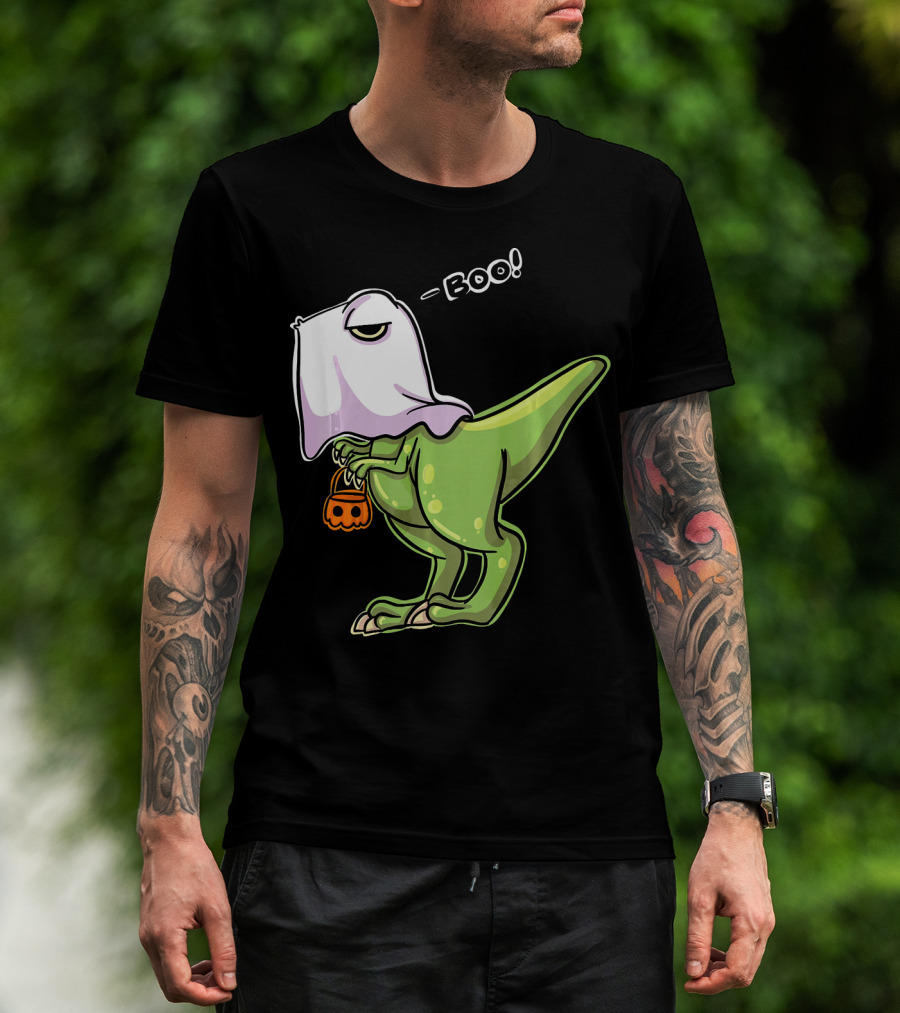 Funny Dinosaur Dressed As Halloween Ghost With Boo Text And Pumpkin T-Shirt