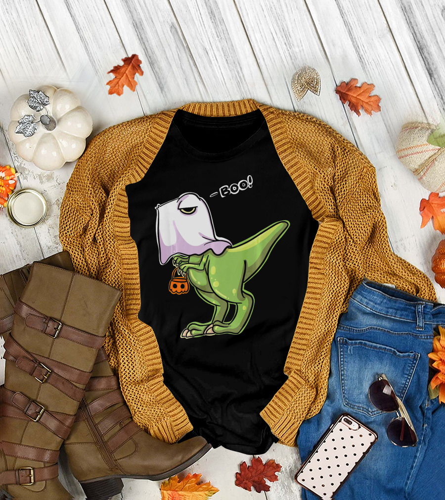 Funny Dinosaur Dressed As Halloween Ghost With Boo Text And Pumpkin T-Shirt