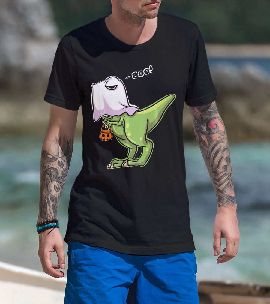 Funny Dinosaur Dressed As Halloween Ghost With Boo Text And Pumpkin T-Shirt